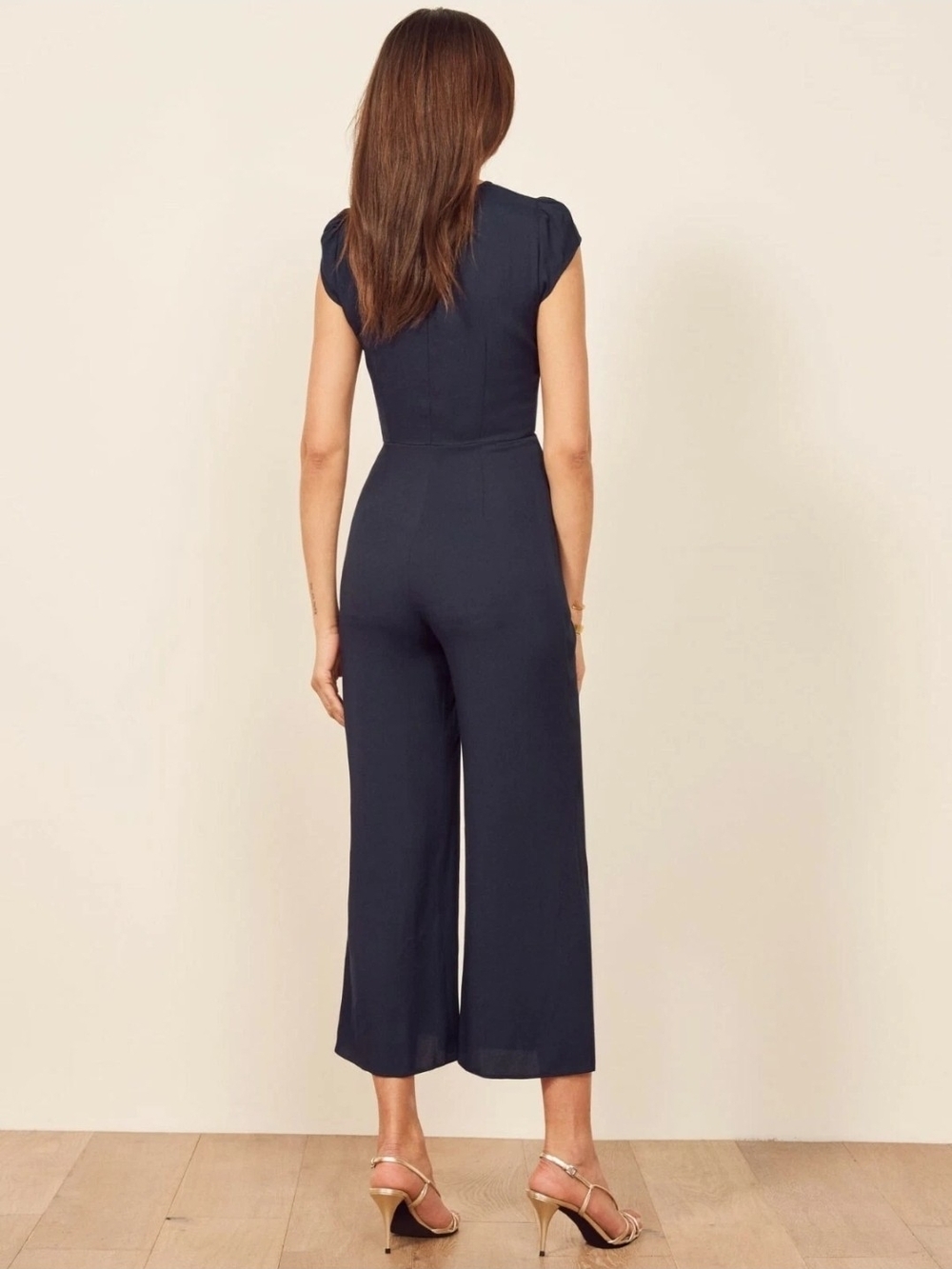 Reformation Marina Jumpsuit Navy Cap-Sleeve Button-Front Wide Leg Womens 8 - Picture 2 of 13